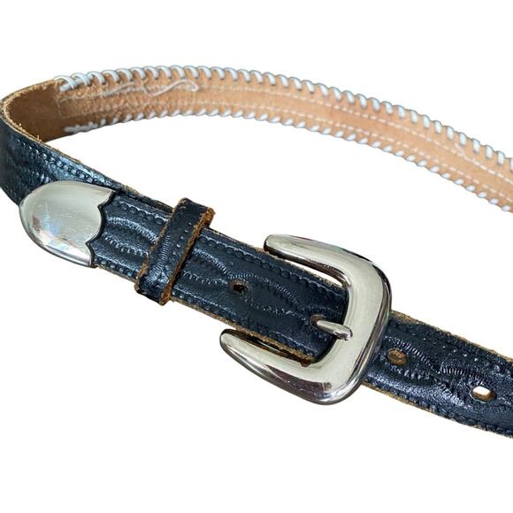 Vintage Western Beaded Swatch Belt size 28 Black White Leather main image 7